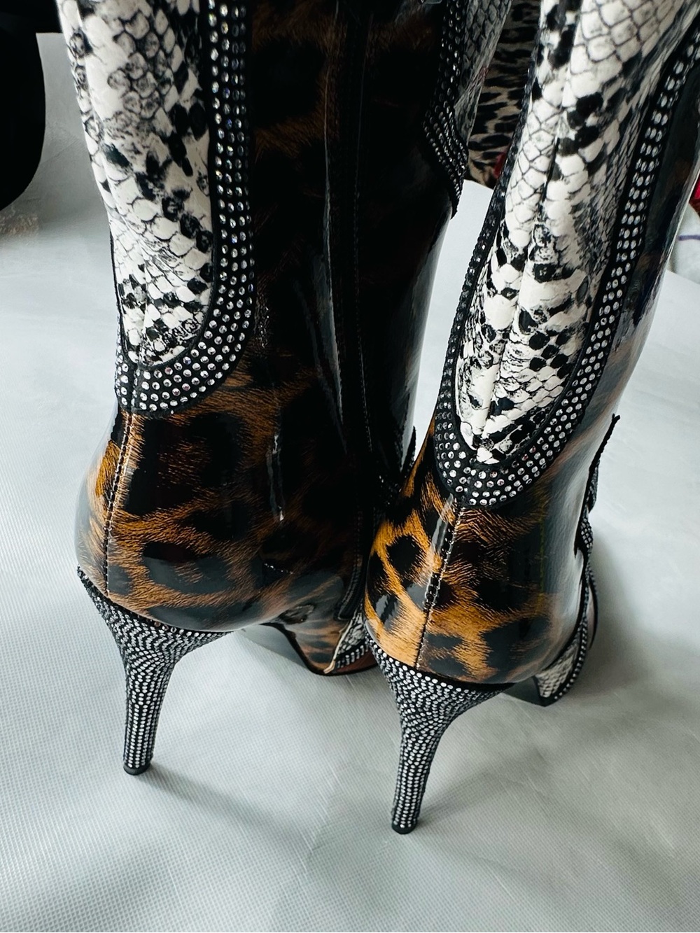 Leopard & Snake-Print Pointed Western Ankle Boots - Women's Brown/White - Picture 14 of 16